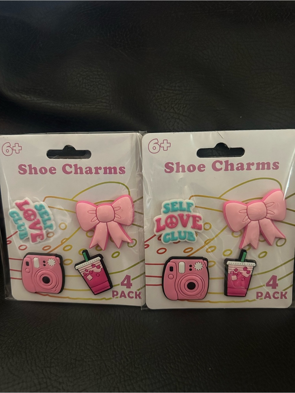 2 -Kids Pink Shoe Charms 4-Pack - Self Love Club Bow Camera Drink